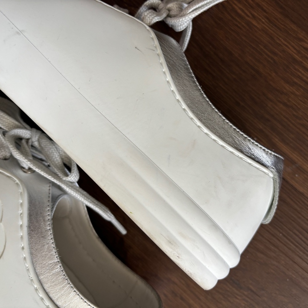 Chanel Interlocking CC Leather & Rubber White Silver Wedge Sneakers Trainers - Picture 11 of 15
